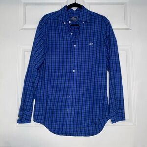 Vineyard Vines Classic Fit Tucker Shirt Blue Plaid Linen Blend Size Small